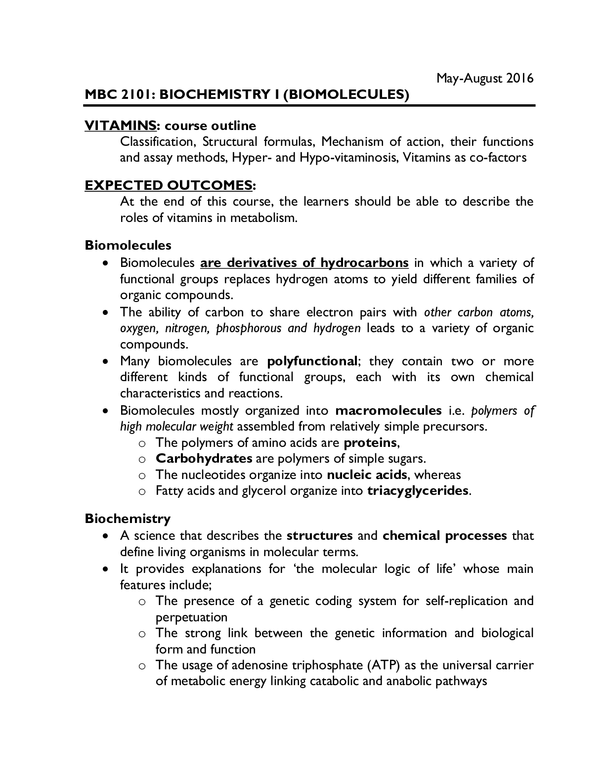 Preview image of MBC 2101: BIOCHEMISTRY I (BIOMOLECULES) VITAMINS: document
